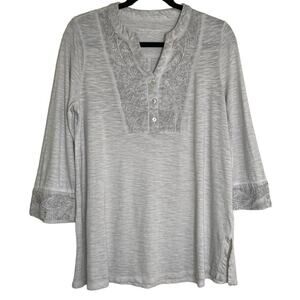 Soft Surroundings Gray Embroidered Cotton Blend 3/4 Sleeve Tunic Top Small